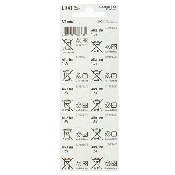 Vinnic Alkaline Button Cell Battery LR41 AG3 / L736F (1.5V) - 10Count