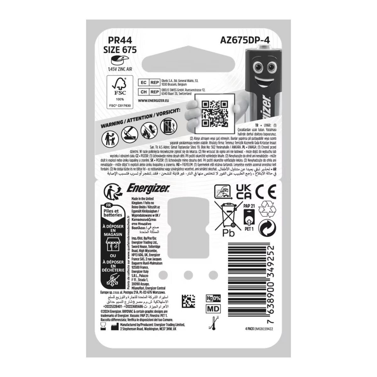 Energizer 675 Size Hearing Aid Batteries - 4 Pack Back