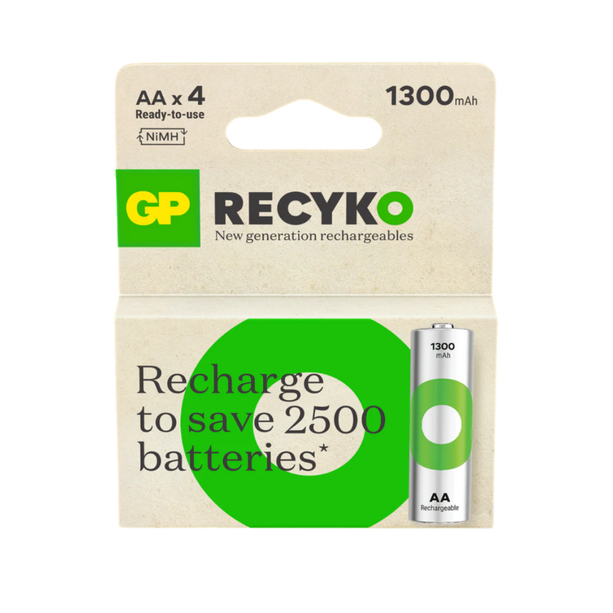 GP ReCyko AA 1300 mAh Rechargeable Batteries - 4 Pack Front