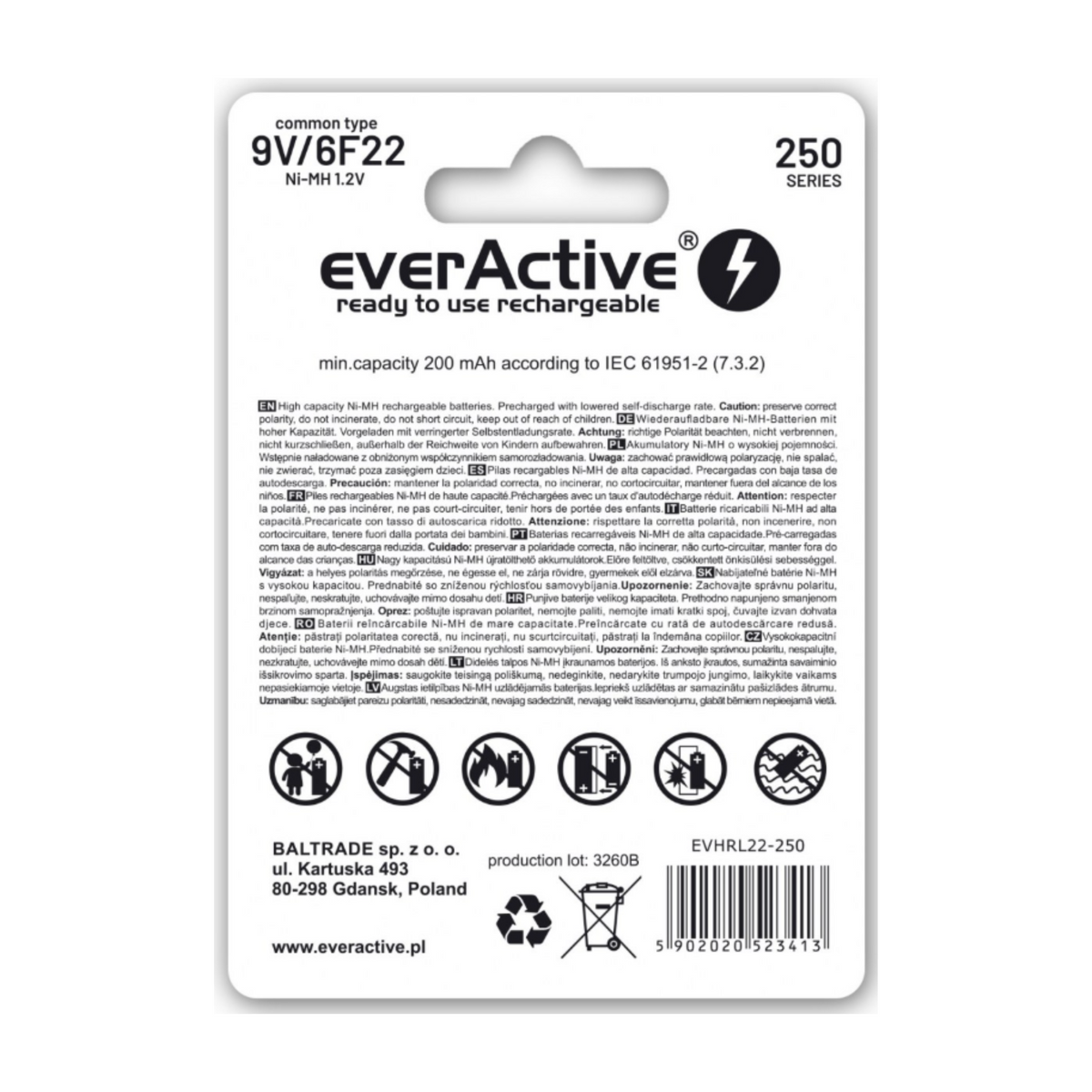 everActive Silver Line 9V 200mAh B1 Rechargeable Batteries