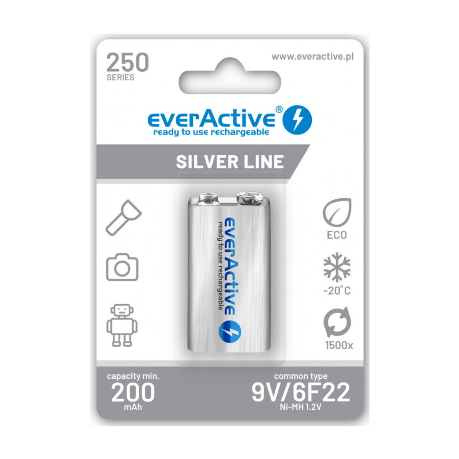 everActive Silver Line 9V 200mAh B1 Rechargeable Batteries Front
