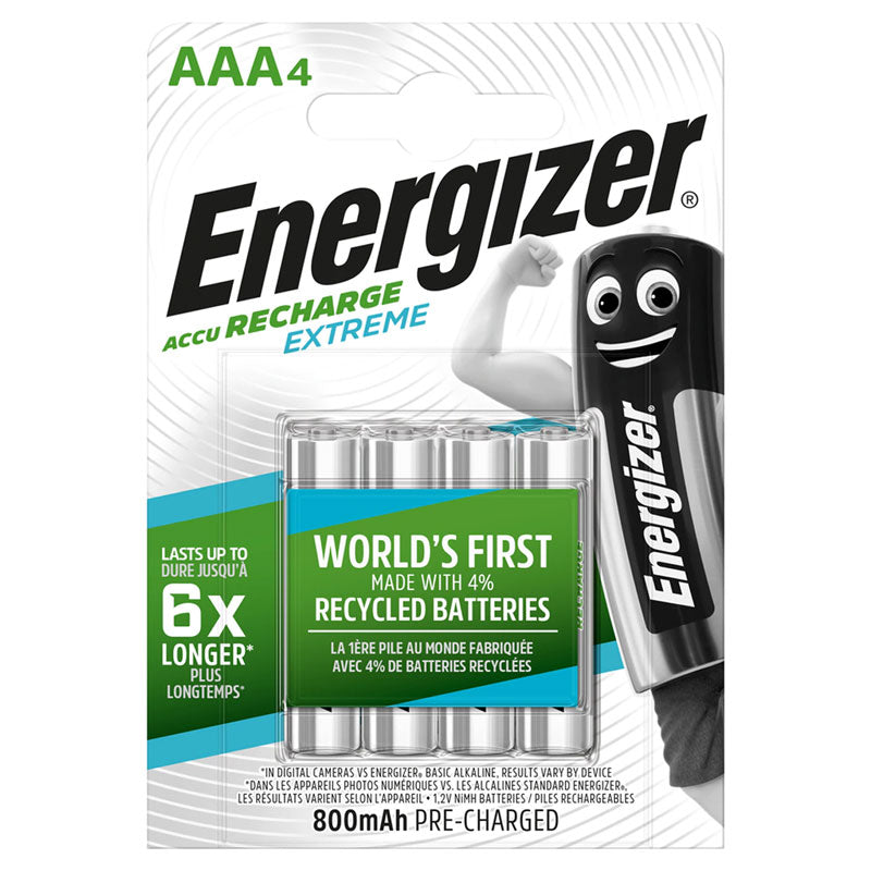 Energizer Recharge Extreme AAA HR03 800mAh 1.2V Rechargeable Batteries - 4 Pack