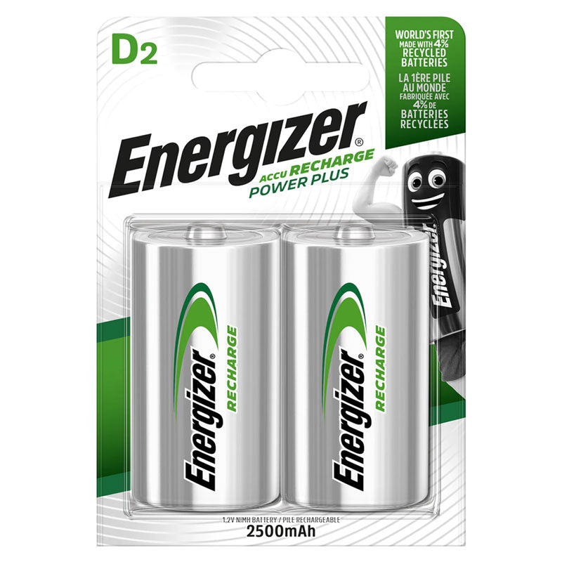 Energizer Recharge Power Plus D Size HR20 2500mAh 1.2V Rechargeable Batteries - 2 Pack