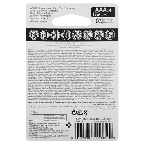 Kodak Super Heavy Duty ZINC AAA Primary Batteries - 4 Pack