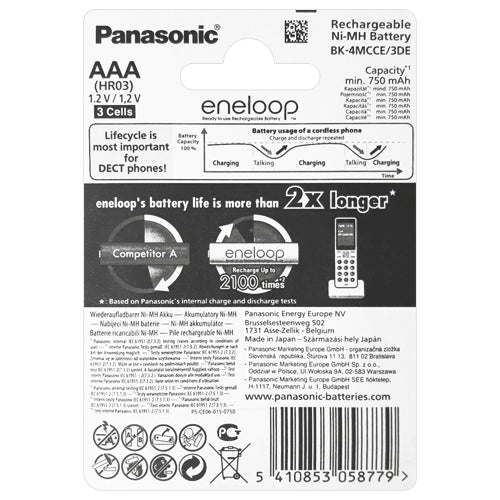Panasonic Eneloop AAA 750mAh Rechargeable Batteries - 3 Pack