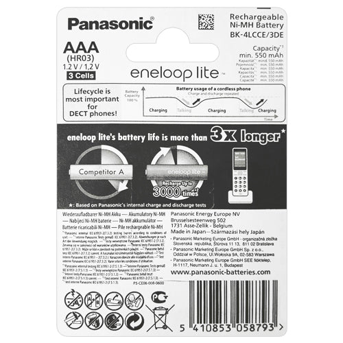 Panasonic Eneloop LITE AAA 550mAh Rechargeable Batteries - 3 Pack