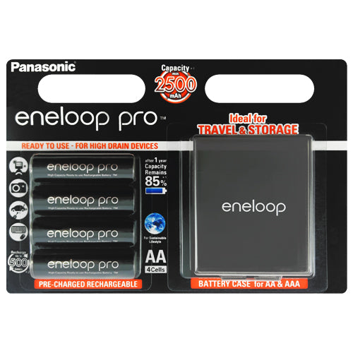 Panasonic Eneloop PRO AA 2500mAh + Travel Box Rechargeable Batteries - 4 Pack