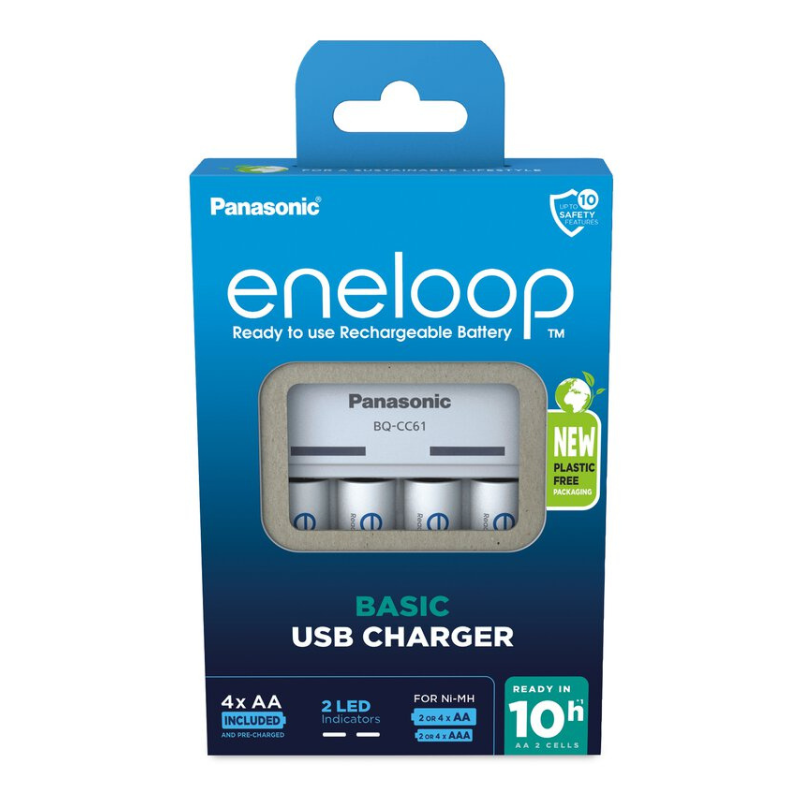 Panasonic Eneloop Basic USB BQ-CC61 Charger. Ready to use rechargeable battery. Basic USB Charger. 2 LED indicators. 4xAA included. For Ni-MH. Ready in 10h.