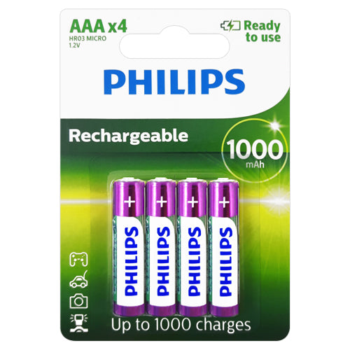 Philips Rechargeable AAA 1000mAh Rechargeable Batteries - 4 Pack