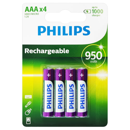 Philips Rechargeable AAA 950mAh Rechargeable Batteries - 4 Pack