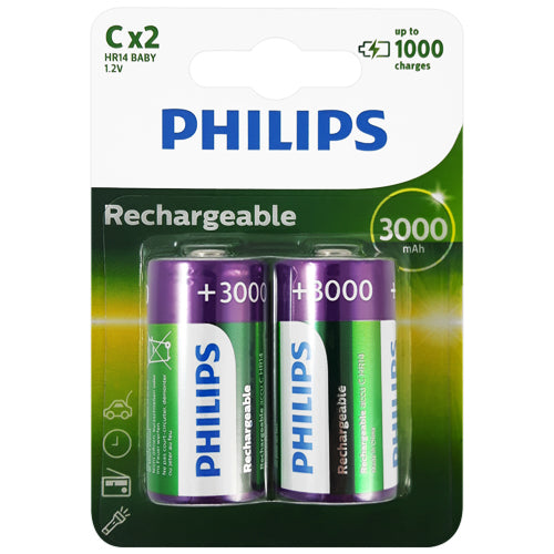 Philips Rechargeable C Size 3000mAh Rechargeable Batteries - 2 Pack