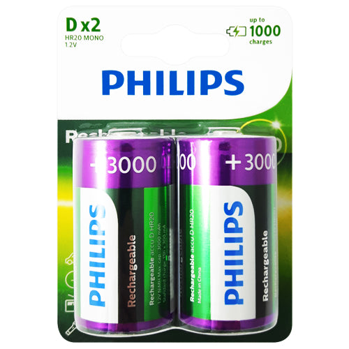 Philips Rechargeable D Size 3000mAh Rechargeable Batteries - 2 Pack