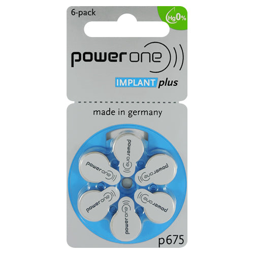 Power One hearing aid batteries 675 Size IMPLANT plus Hearing Aid Batteries - 6 Pack