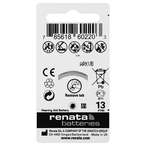Renata Hearing aid batteries 13 Size Hearing Aid Batteries - 6 Pack