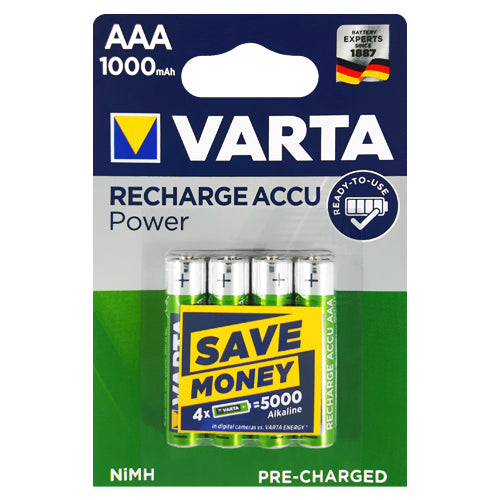Varta Recharge Power AAA 1000mAh Rechargeable Batteries - 4 Pack
