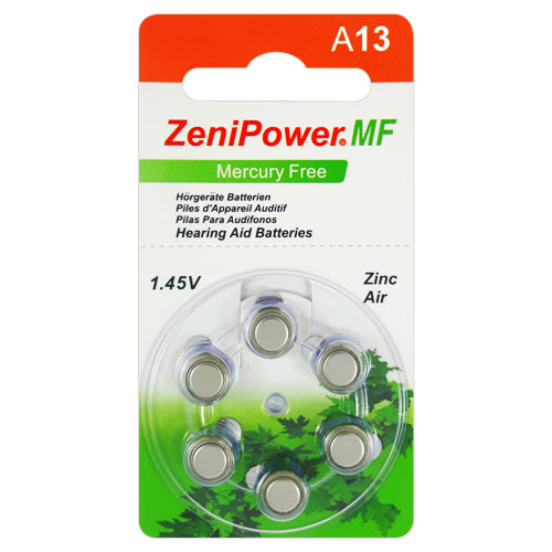 ZeniPower MF A13 Hearing aid batteries Hearing Aid Batteries - 6 Pack