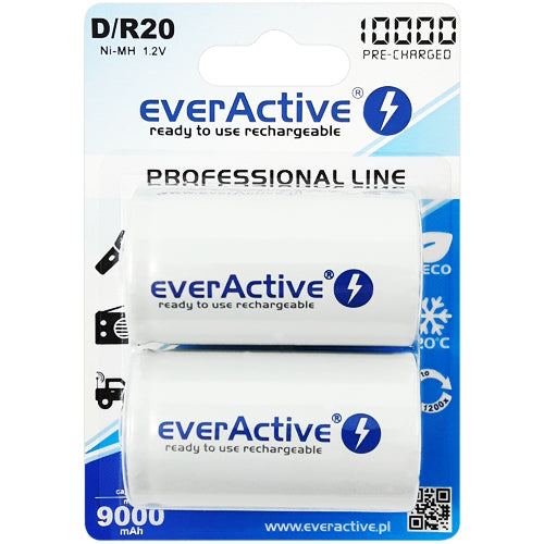 everActive Professional Line D Size 9000mAh Rechargeable Batteries - 2 Pack