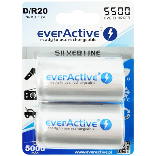 everActive Silver Line D Size 5000mAh Rechargeable Batteries - 2 Pack